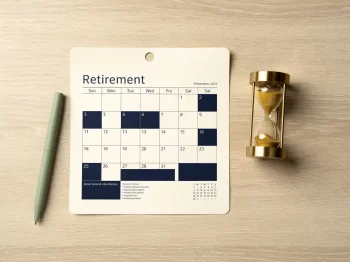 Witte bureaukalender met pensioenleeftijd mijlpalen naast messing zandloper op houten bureau, bovenaanzicht met zakelijke sfeer