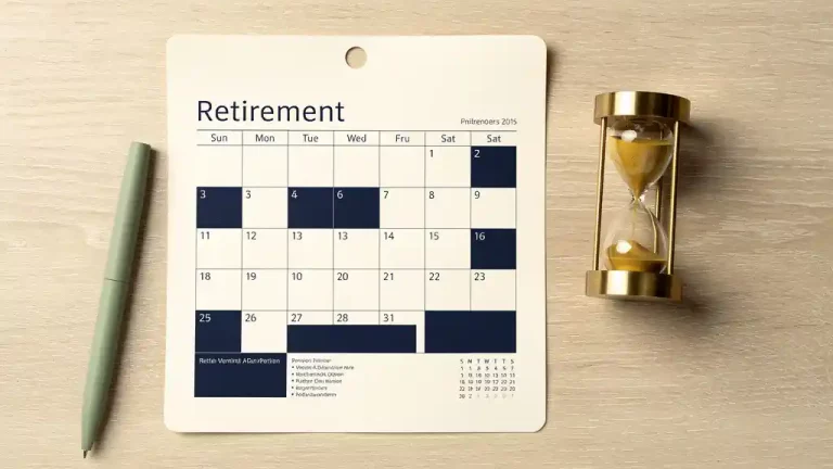Witte bureaukalender met pensioenleeftijd mijlpalen naast messing zandloper op houten bureau, bovenaanzicht met zakelijke sfeer