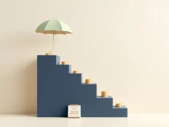 Navy blauwe trap met muntstapels en beschermende paraplu symboliseert financiële groei en zekerheid voor ondernemers 2025