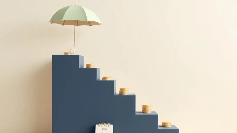 Navy blauwe trap met muntstapels en beschermende paraplu symboliseert financiële groei en zekerheid voor ondernemers 2025