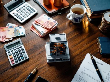 Bureau met rekenmachine, eurobankbiljetten, Nederlandse belastingdocumenten en miniatuur bedrijfsgebouw voor pensioenplanning