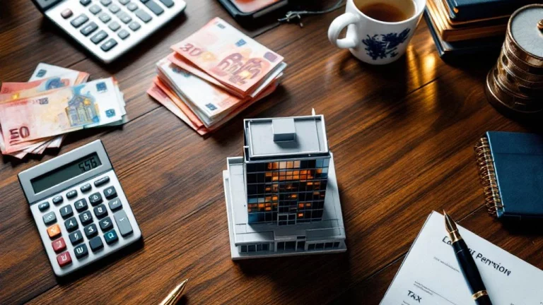 Bureau met rekenmachine, eurobankbiljetten, Nederlandse belastingdocumenten en miniatuur bedrijfsgebouw voor pensioenplanning