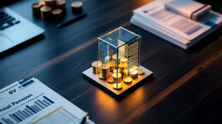 Bovenaanzicht van modern bureau met BV-model, Nederlandse belastingdocumenten, calculator en gouden munten voor pensioenplanning