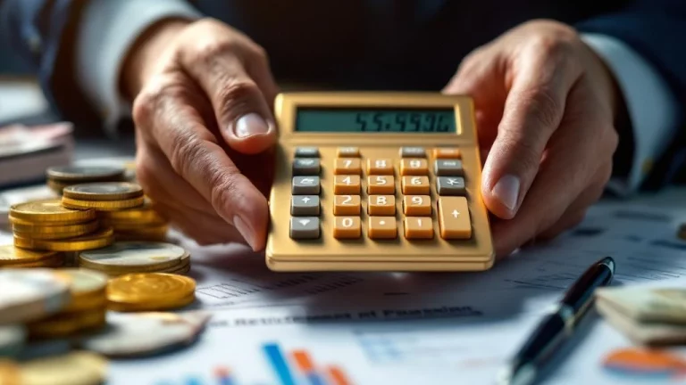 Handen met gouden rekenmachine op stapels eurobiljetten en Nederlandse belastingdocumenten voor pensioenplanning