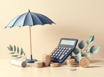 Elegante calculator naast stapel munten en beschermende paraplu in zachte kleuren, symboliseert financiële planning