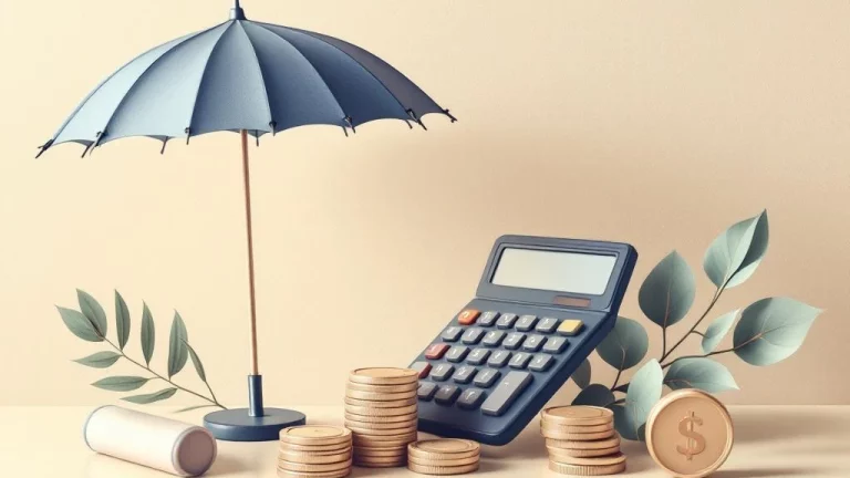 Elegante calculator naast stapel munten en beschermende paraplu in zachte kleuren, symboliseert financiële planning