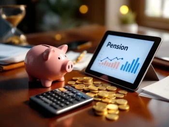 Rekenmachine en financiële documenten op bureau met gouden munten die van spaarvarken naar tablet met pensioengrafieken stromen