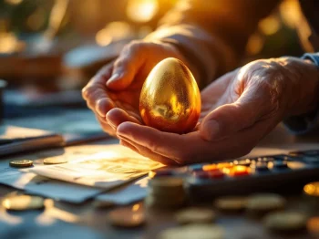 Handen houden gouden nest ei boven rekenmachine en financiële documenten op bureau voor pensioenplanning