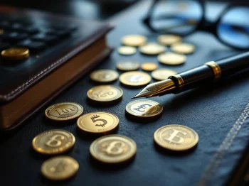 Gouden munten en eurobiljetten rond vintage grootboek met vulpen, calculator en bril voor financiële planning