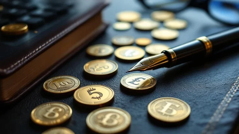 Gouden munten en eurobiljetten rond vintage grootboek met vulpen, calculator en bril voor financiële planning