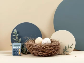 Nest ei symbool met geometrische vormen in navy, beige en groen tinten voor financiële planning en pensioen