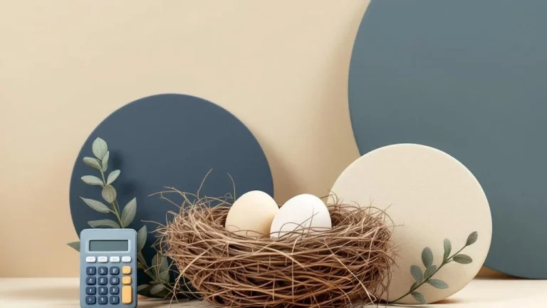Nest ei symbool met geometrische vormen in navy, beige en groen tinten voor financiële planning en pensioen