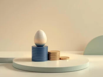 Gloeiend pensioenei op gestapelde munten in navy en beige tinten met groene accentlijn, symboliseert financiële zekerheid