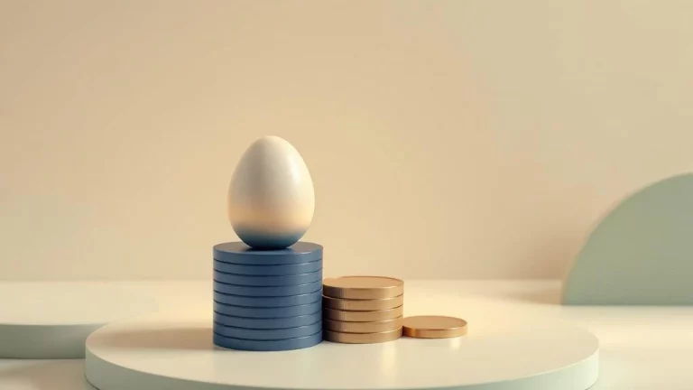 Gloeiend pensioenei op gestapelde munten in navy en beige tinten met groene accentlijn, symboliseert financiële zekerheid