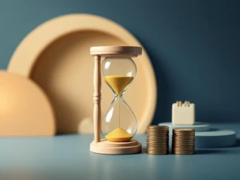 Hourglass met gouden zand naast muntstapel en kalender op blauwe achtergrond voor financiële planning