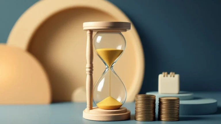 Hourglass met gouden zand naast muntstapel en kalender op blauwe achtergrond voor financiële planning