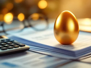 Gouden spaarvarken op Nederlandse belastingdocumenten met calculator en bril, warm verlicht voor pensioenplanning