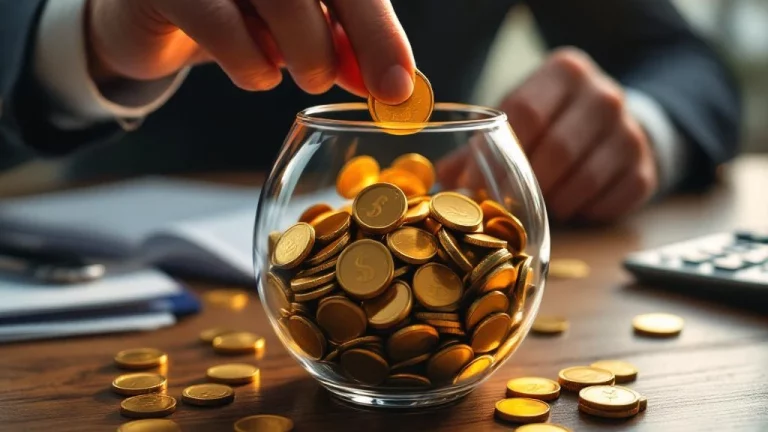 Handen plaatsen gouden munten in glazen spaarvarken op bureau met documenten en rekenmachine voor financiële planning