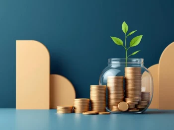 Glazen pot met muntenstapels die transformeren in groeiende plant, symboliseert pensioenopbouw en financiële groei.