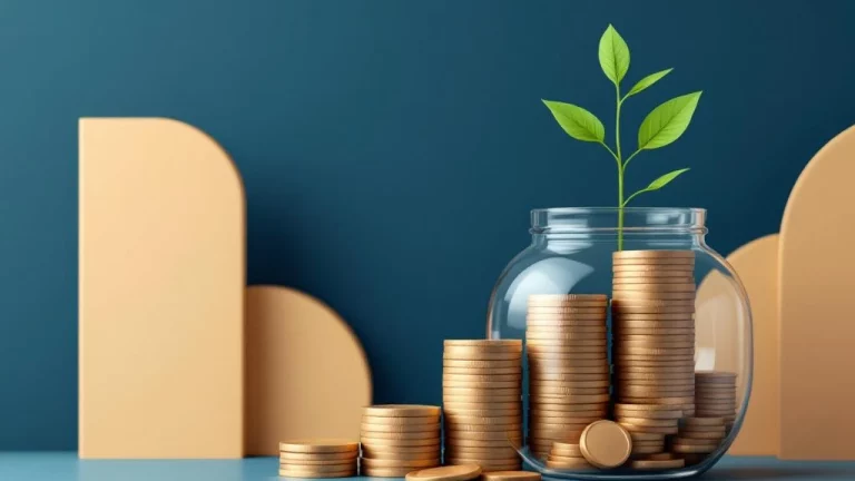 Glazen pot met muntenstapels die transformeren in groeiende plant, symboliseert pensioenopbouw en financiële groei.