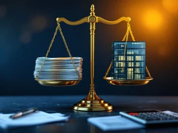 Gouden weegschaal in balans met eurobankbiljetten en glazen kantoorgebouw, calculator en documenten op voorgrond