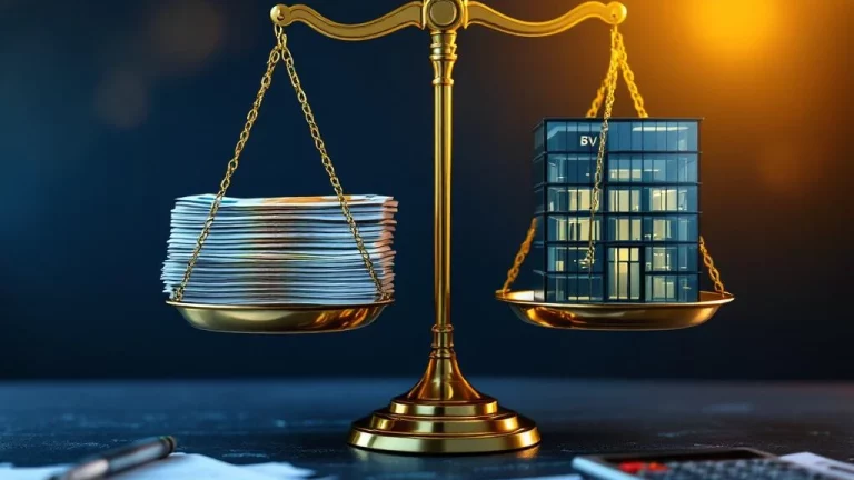 Gouden weegschaal in balans met eurobankbiljetten en glazen kantoorgebouw, calculator en documenten op voorgrond