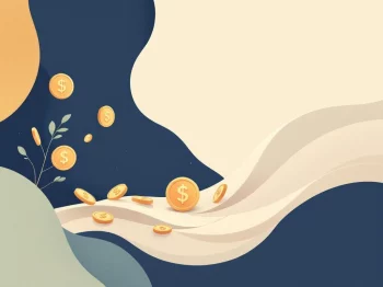 Kalender met vloeiende munten die regelmatige financiële planning symboliseren in zachte navy, beige en saliegroen tinten