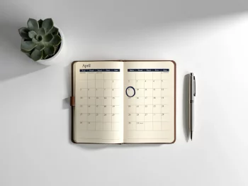 Wit bureau met open leren agenda met omcirkelde datum, zilveren pen en kleine vetplant in hoek