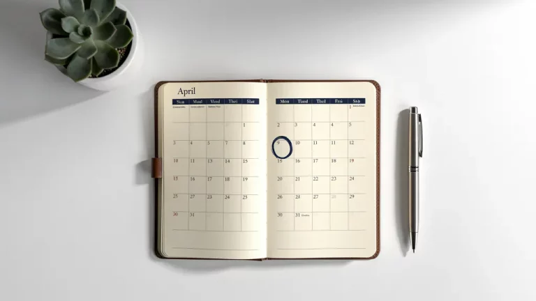 Wit bureau met open leren agenda met omcirkelde datum, zilveren pen en kleine vetplant in hoek