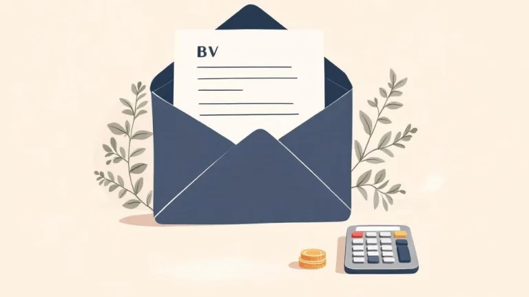 Professionele documentenmap met BV briefhoofd naast rekenmachine en munten in navy, beige en groene tinten