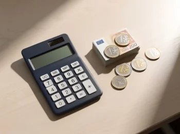 Rekenmachine met witte toetsen naast stapel Nederlandse euromuntjes op houten bureau in natuurlijk licht