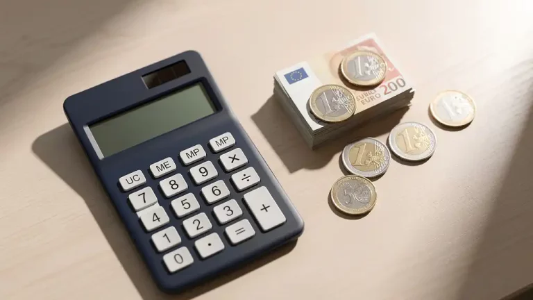 Rekenmachine met witte toetsen naast stapel Nederlandse euromuntjes op houten bureau in natuurlijk licht