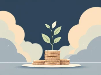 Plant die groeit uit stapel munten op zachte marineblauwe achtergrond, symboliseert vermogensopbouw na 50