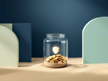 Glazen pot met barst en gouden munten, beschermend schildsymbool, minimalistische financiële planning compositie