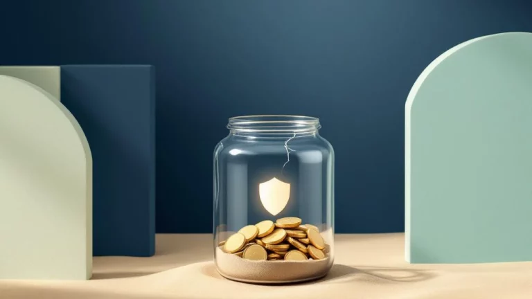 Glazen pot met barst en gouden munten, beschermend schildsymbool, minimalistische financiële planning compositie