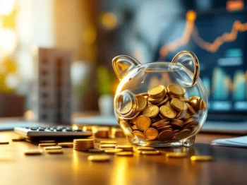Glazen spaarvarken met gouden munten op bureau naast rekenmachine en gebouwmodel, financiële grafieken op achtergrond