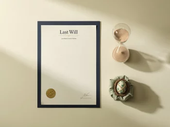 Testament document naast een zandloper en ingepakt spaarpotje op een crèmekleurig bureau, symboliek voor nalatenschap en vermogensplanning.