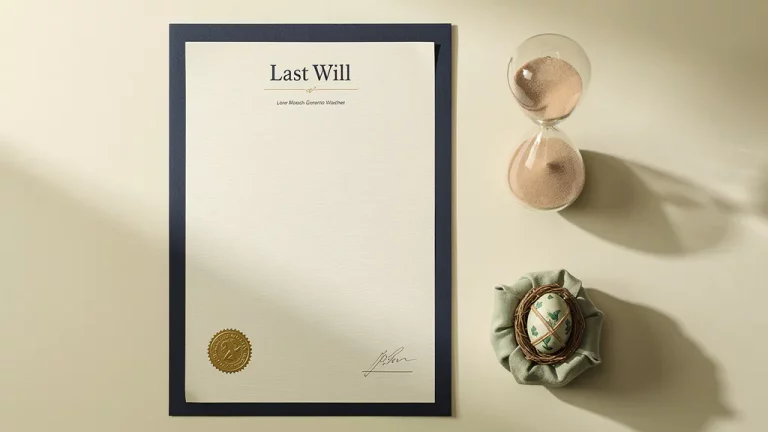Testament document naast een zandloper en ingepakt spaarpotje op een crèmekleurig bureau, symboliek voor nalatenschap en vermogensplanning.