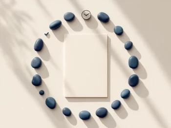 Minimalistische vergadertafel met documentmap en navy blauwe stenen in cirkel, zakelijke sfeer met natuurlijk licht