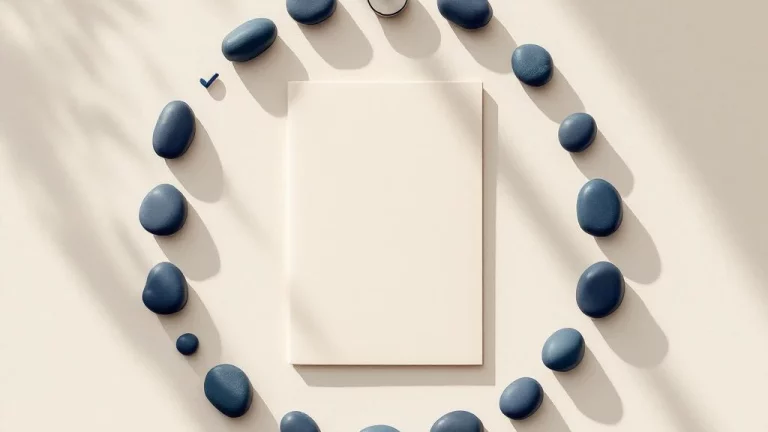 Minimalistische vergadertafel met documentmap en navy blauwe stenen in cirkel, zakelijke sfeer met natuurlijk licht