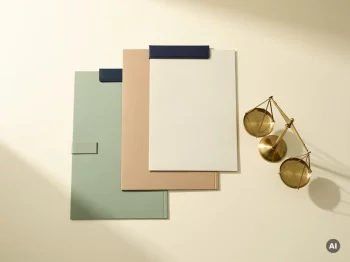 Drie geordende documentmappen op een crèmekleurig bureau naast een messing weegschaal, gestyled in salie groen en marineblauw.