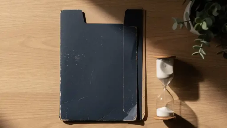 Verweerde documentmap op eikenhouten bureau naast lege zandloper in zacht ochtendlicht, symboliseert vergeten verplichtingen.