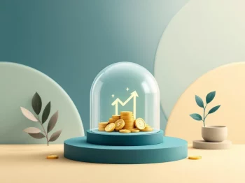 Transparante koepel beschermt gouden munten met opwaartse pijlen, symboliseert financiële veiligheid en groei.