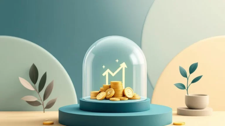 Transparante koepel beschermt gouden munten met opwaartse pijlen, symboliseert financiële veiligheid en groei.