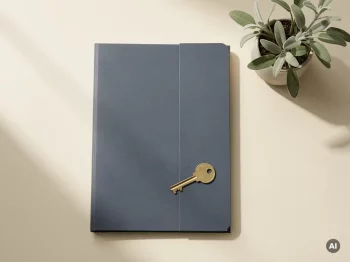 Gesloten documentmap met een messing sleutel op een crèmekleurig bureau naast een kleine salieplant, bovenaanzicht.