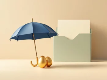 Blauwe paraplu beschermt gouden nest-eieren op beige ondergrond, symboliseert financiële zekerheid voor kinderen