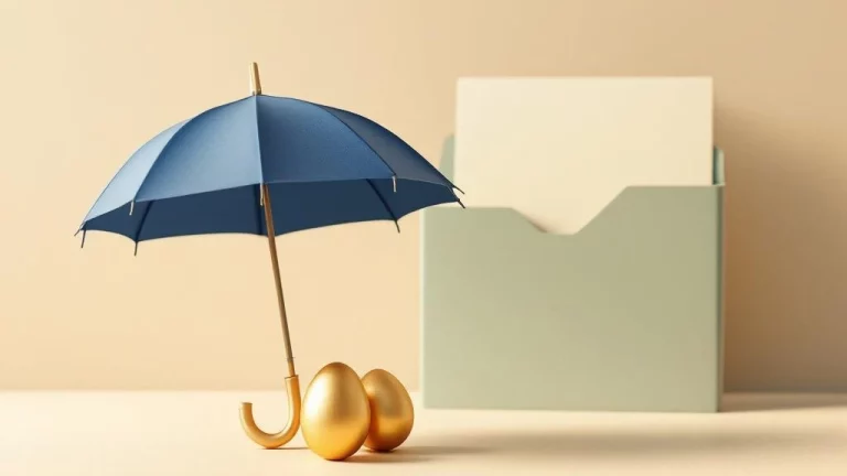 Blauwe paraplu beschermt gouden nest-eieren op beige ondergrond, symboliseert financiële zekerheid voor kinderen