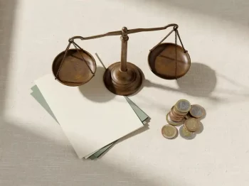 Verweerde bronzen weegschaal met gevouwen officieel document, licht kantend, naast euromunten op crèmekleurig linnen.